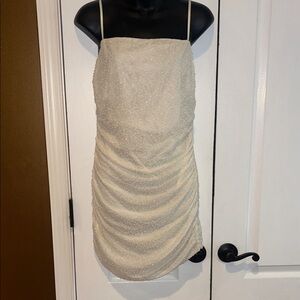 Lush Beaded Cream Mini Dress with Ruched Detail size large